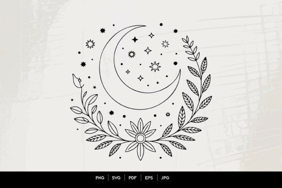 Download Celestial Moon Floral Line Art SVG - Line art Collection